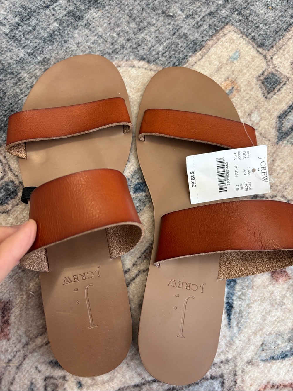 NWT. J. Crew Women's Cognac Double-Strap Leather Slide Sandals, 7